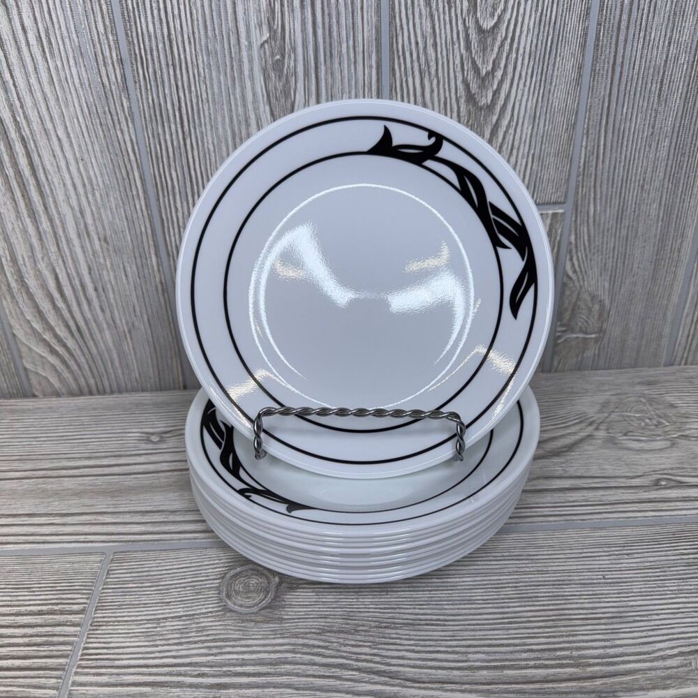 Corning Corelle Lyrics Black White Salad/Bread/Dessert Plates, Lot of 12, USA